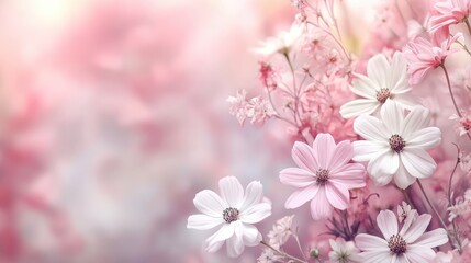 Fototapeta premium Delicate pink and white cosmos flowers in a serene garden setting creating a soft and dreamy atmosphere for nature lovers