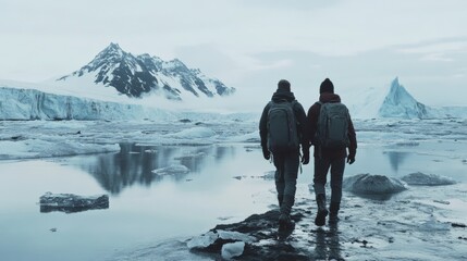 Two people walking through a frozen landscape, surrounded by icy mountains and reflections in water.