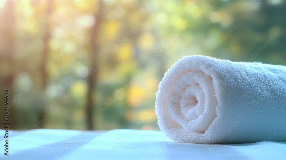 Poster spa setting with rolled white towel on soft surface against blurred green nature background soothing