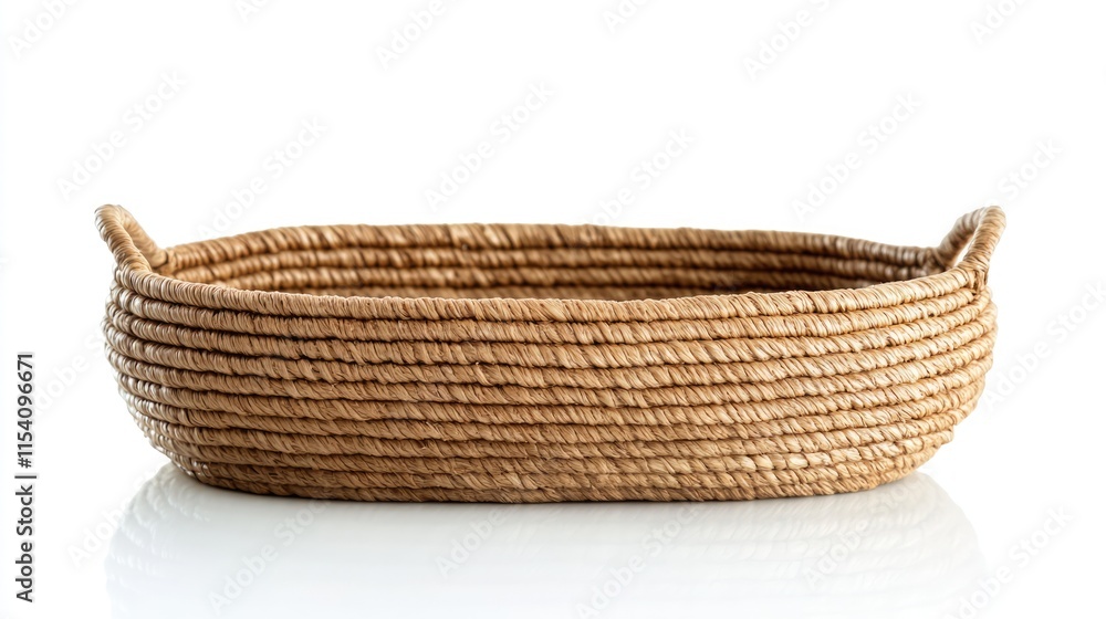 Poster Oval wicker basket with handle on a white background showcasing elegance and craftsmanship in a minimalist design for decor or storage use