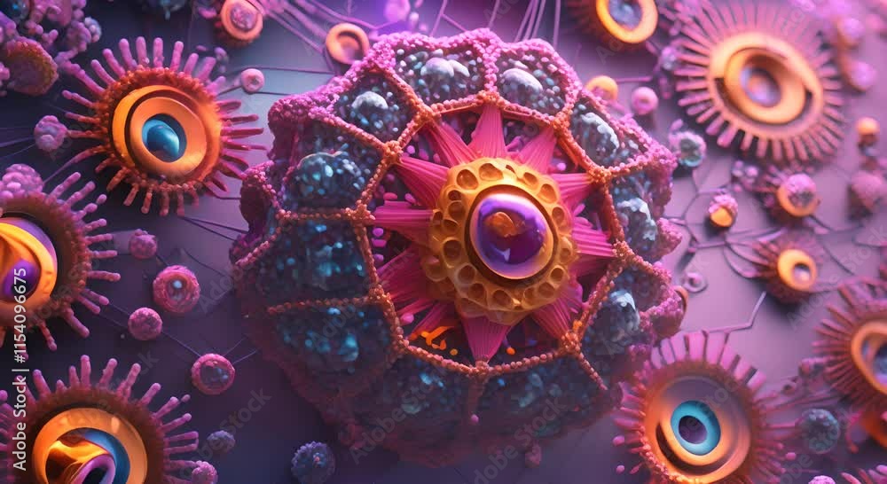 Poster close up of a complex virus like structure with intricate details and vivid colors 4k