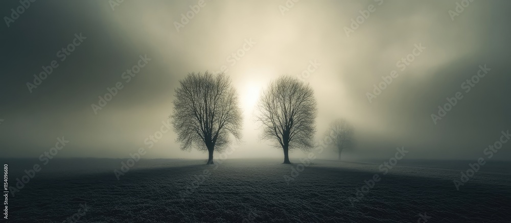 Poster misty landscape with silhouetted trees under a soft glowing light creating a mysterious and tranquil