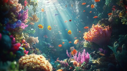 Fototapeta premium Vibrant underwater scene with colorful coral and tropical fish swimming in sunlit ocean depths.
