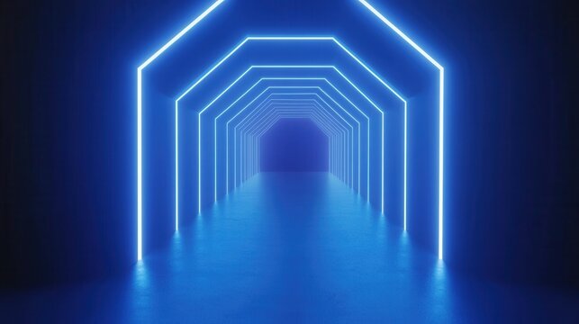 Futuristic Blue Light Tunnel with Neon Effect in Dark Environment - Powered by Adobe