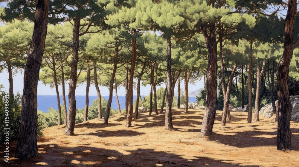 Poster serene pine tree grove near a villa overlooking the ocean with sunlight filtering through the branch