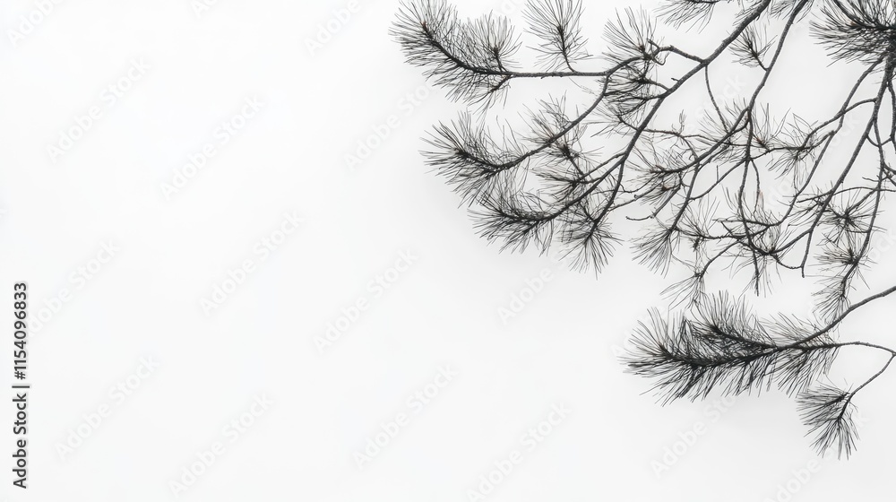 Poster pine tree branches with delicate needles against a soft white background creating a serene and minim