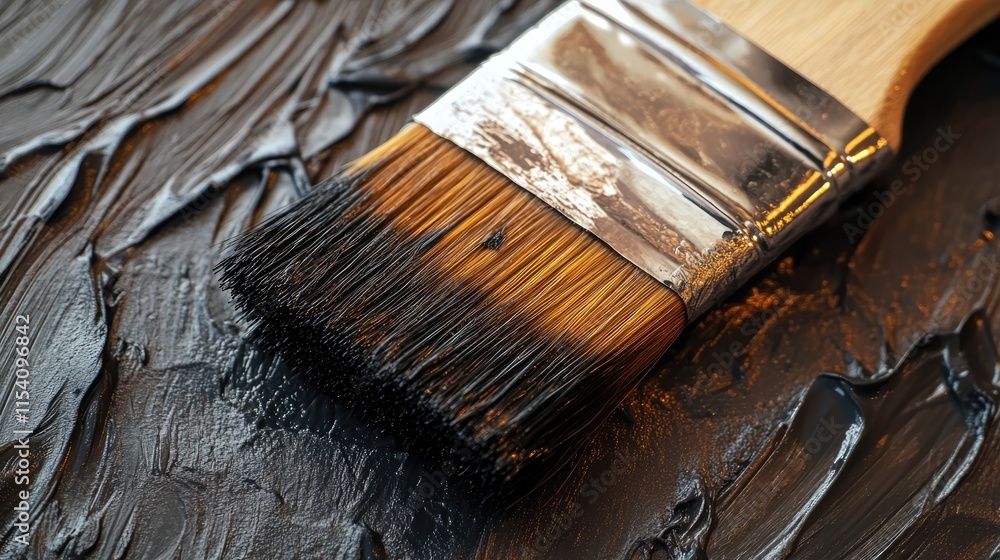 Poster detailed close-up of a paintbrush with bristles resting on textured black paint surface showcasing a