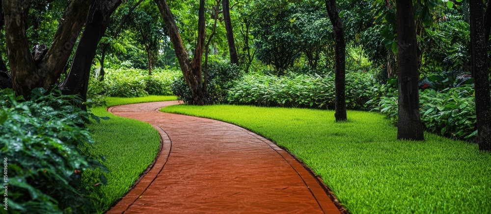 Poster serene pathway winding through lush greenery in a tranquil hotel park setting ideal for relaxation a