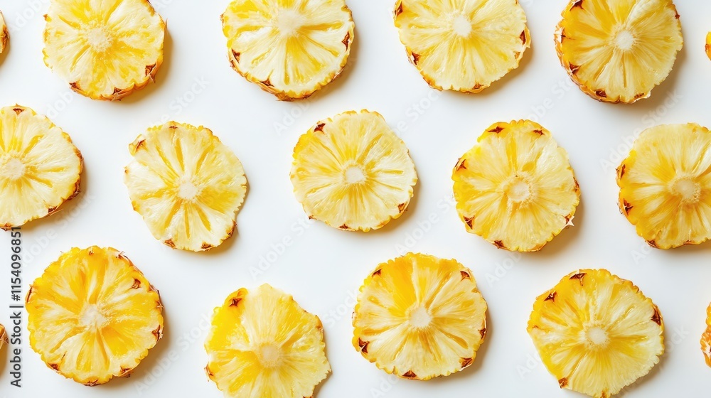 Poster sliced ripe pineapples arranged in a vibrant pattern on a clean white background for culinary and de