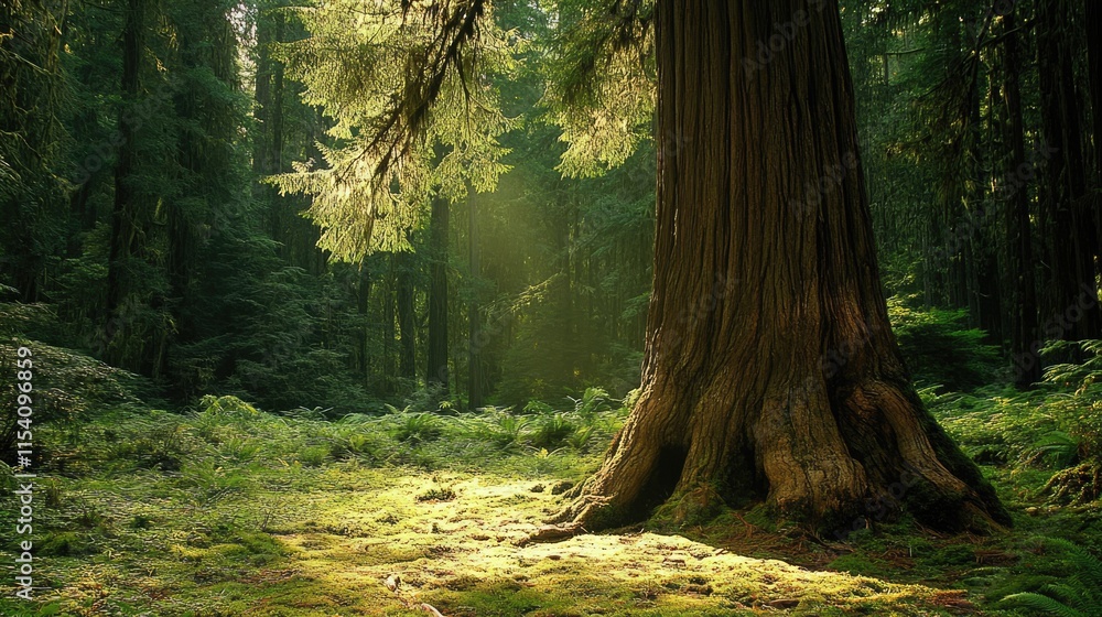 Poster majestic old tree standing in a lush green forest illuminated by soft sunlight creating a serene and