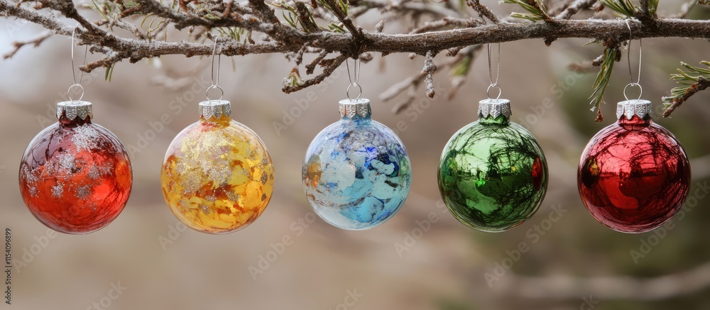 Poster colorful christmas ornaments hanging from a tree branch creating a festive holiday atmosphere with a