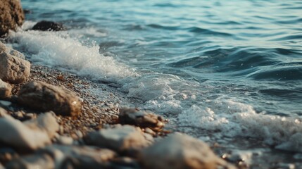 Naklejka premium Serene Seaside View with Gentle Waves Lapping Against Rocky Shoreline Under Soft Golden Light of Sunset in Tranquil Natural Environment