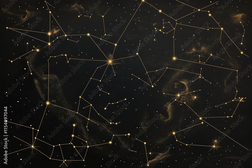 Poster A minimalist depiction of constellations traced in golden lines on a black canvas