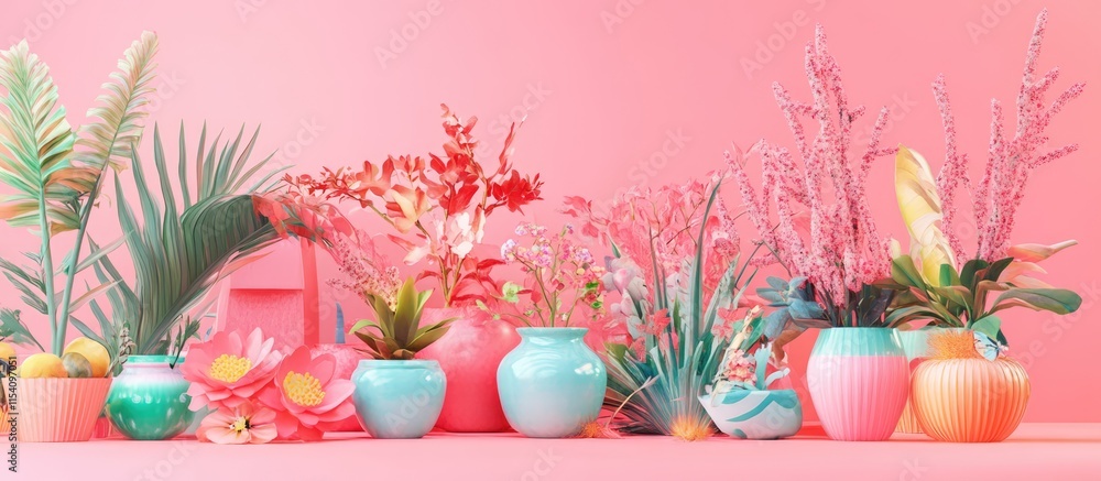 Aufkleber colorful floral arrangement with decorative vases against a vibrant pink backdrop creating a cheerfu