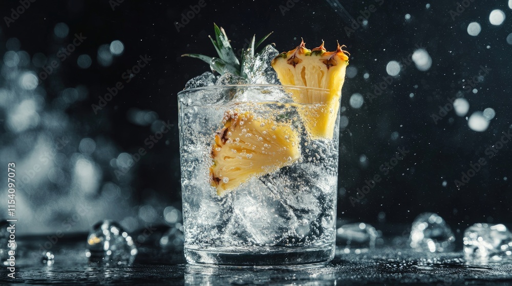 Poster pineapple slices in sparkling soda water with ice on a dark background creating a refreshing tropica