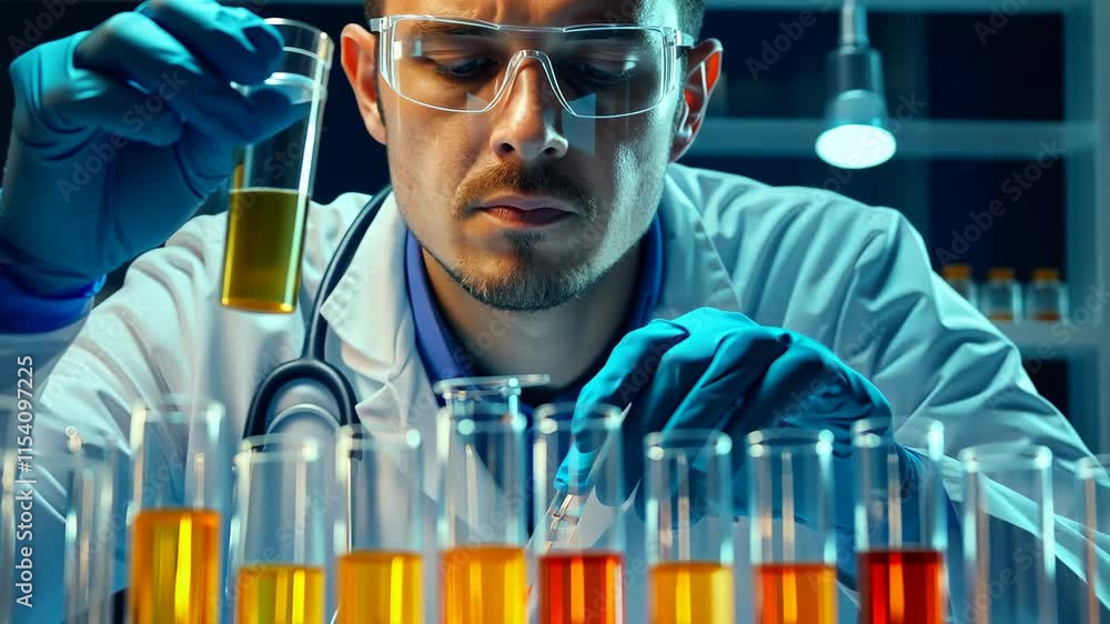 Poster chemical research scientist performing experiments in laboratory setting with test tubes and reagent