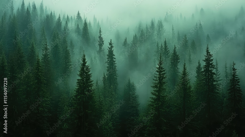 Poster misty pine forest with dense greenery and atmospheric fog creating a serene and tranquil natural lan