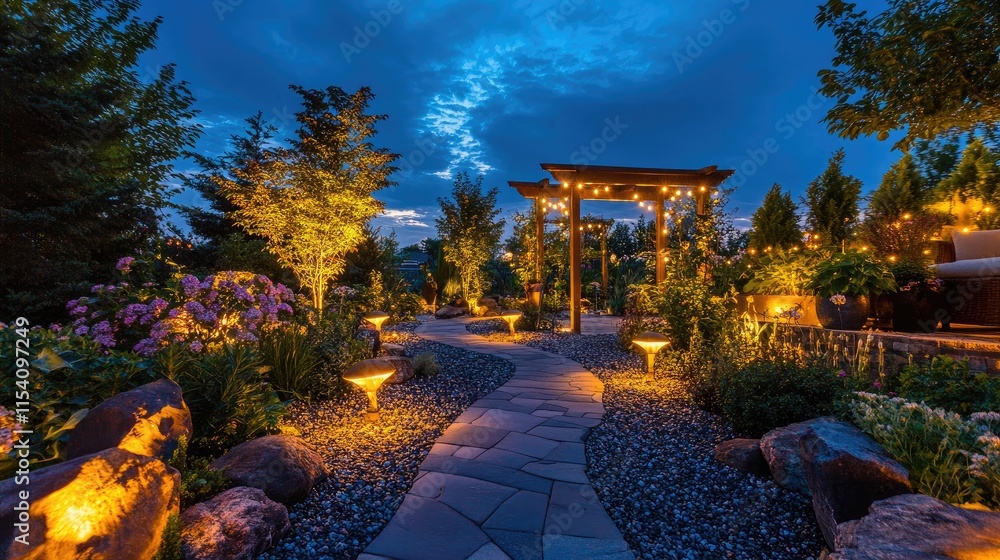 Poster Elegant garden pathway illuminated by soft outdoor lights against a serene twilight sky creating a tranquil and inviting atmosphere.
