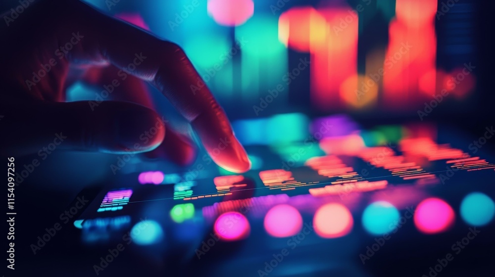 Poster close up of person interacting with colorful digital interface