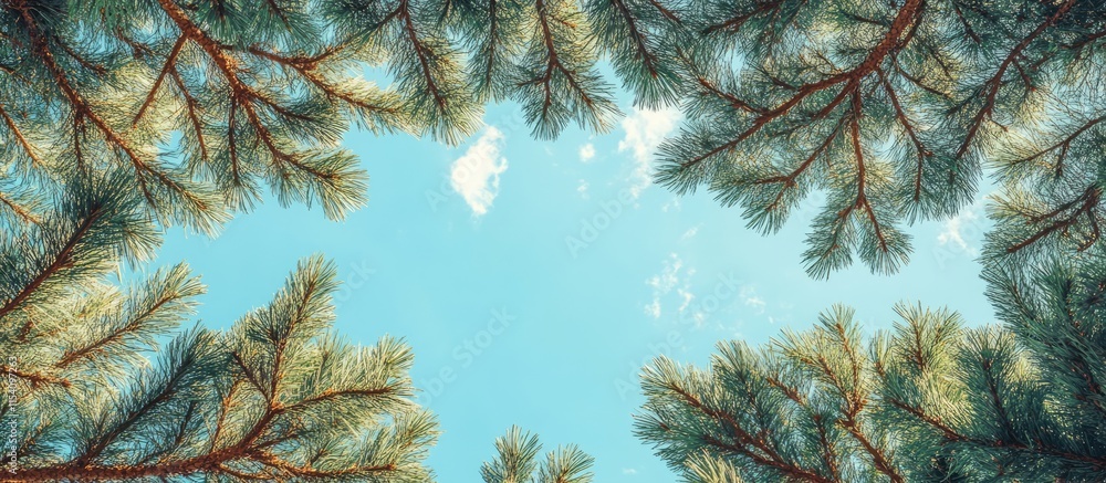 Aufkleber Panoramic view of conifer branches against a clear blue sky creating a serene natural background texture for design projects.