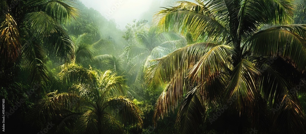 Poster tropical rainforest scene with lush palm trees and vibrant foliage creating a serene paradise atmosp