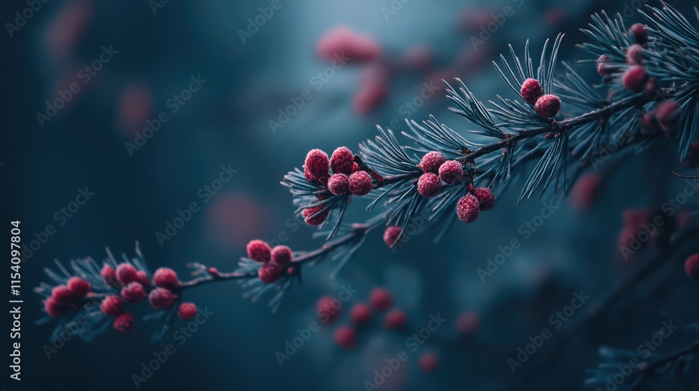 Poster pine tree branches adorned with vibrant young buds creating a serene natural atmosphere in a soft fo