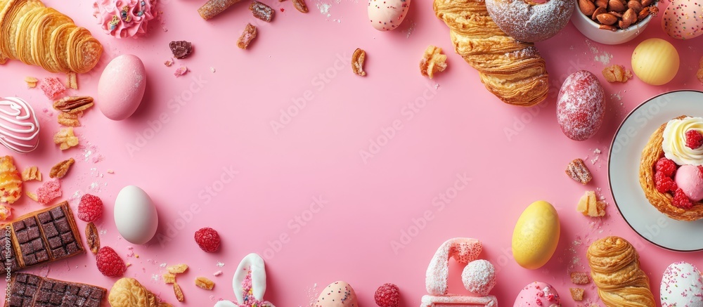 Poster colorful easter pastries and sweets arranged on a pink background with space for text creating a fes
