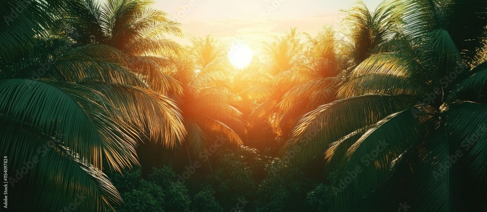 Poster sunset over lush palm grove casting warm rays through tropical foliage creating a serene and vibrant