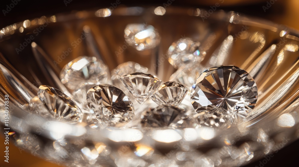 Poster luxury crystal bowl filled with sparkling diamonds and gems glimmering in soft light