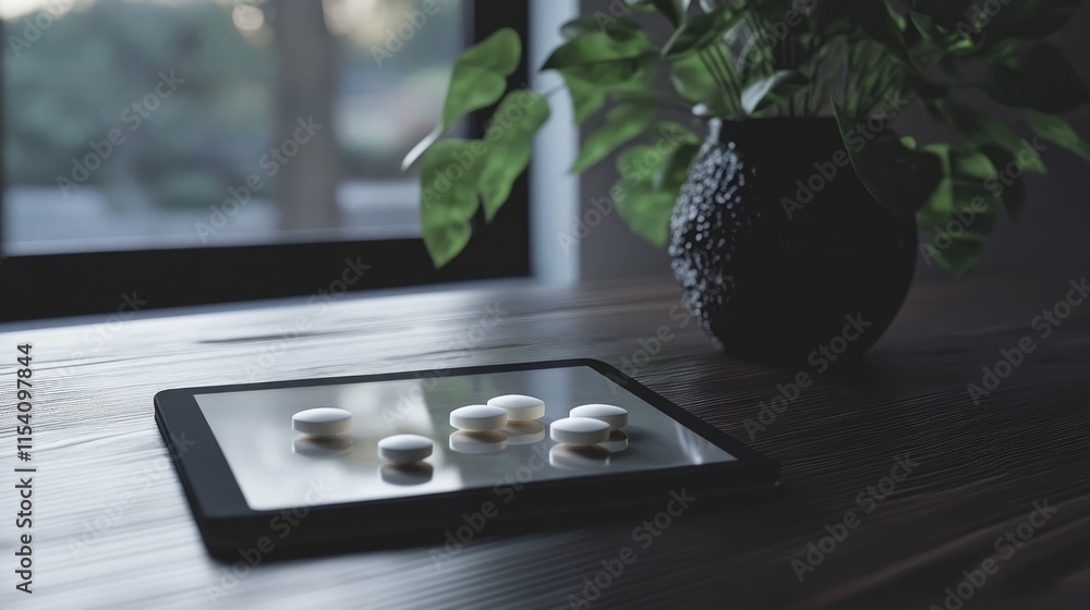 Aufkleber pills on a digital tablet in a modern setting with a plant and natural light creating a tranquil atm