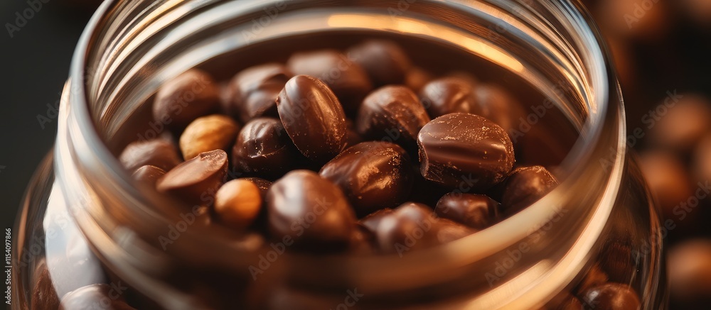Poster chocolate covered peanuts in a clear jar showcasing delicious sweets with a rich texture and glossy 