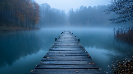 Wooden dock extends into misty autumn lake