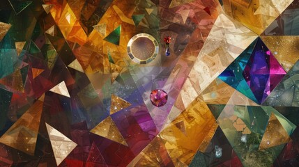 Abstract geometric design featuring colorful crystals and shapes.