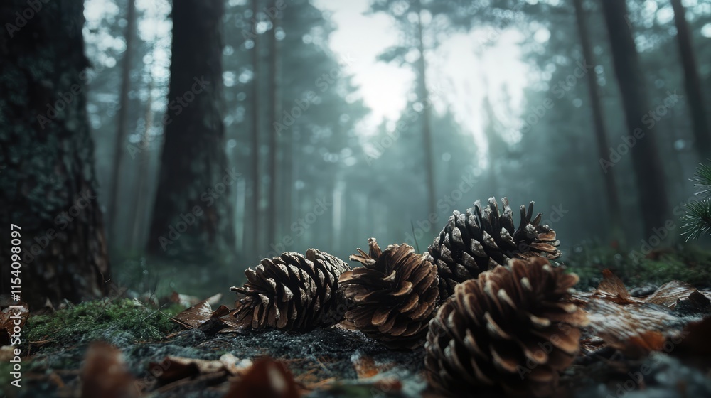 Poster pine cones scattered on forest floor with misty trees in background creating a serene and tranquil n