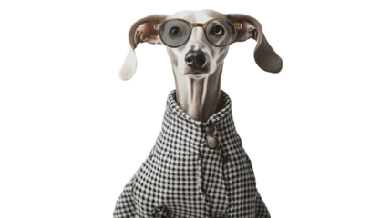 Dog in heart-shaped glasses poses stylishly in modern indoor setting for a trendy photo shoot