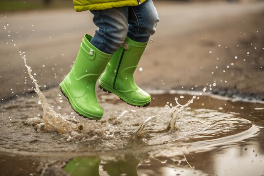 Closeup of feet with green rubber boots of a child jumping in a puddle