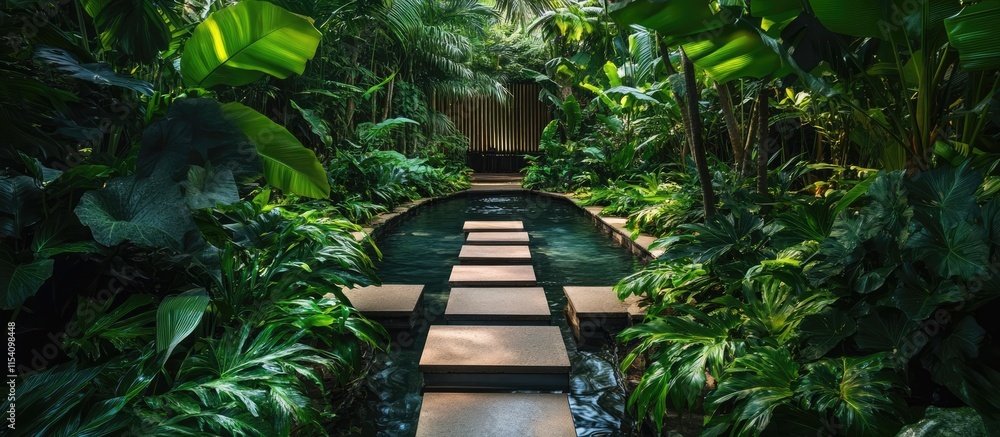 Poster serene pathway through vibrant greenery leading to a luxurious jacuzzi with elegant stepping stones 