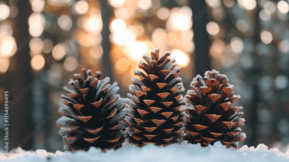 Poster three pine cones arranged on a snowy surface with a blurred forest background illuminated by soft su