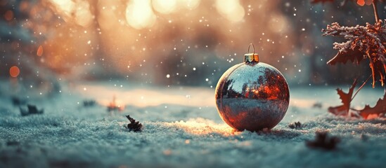 Fototapeta premium Christmas ornament on snow with a soft glowing light background creating a festive winter atmosphere