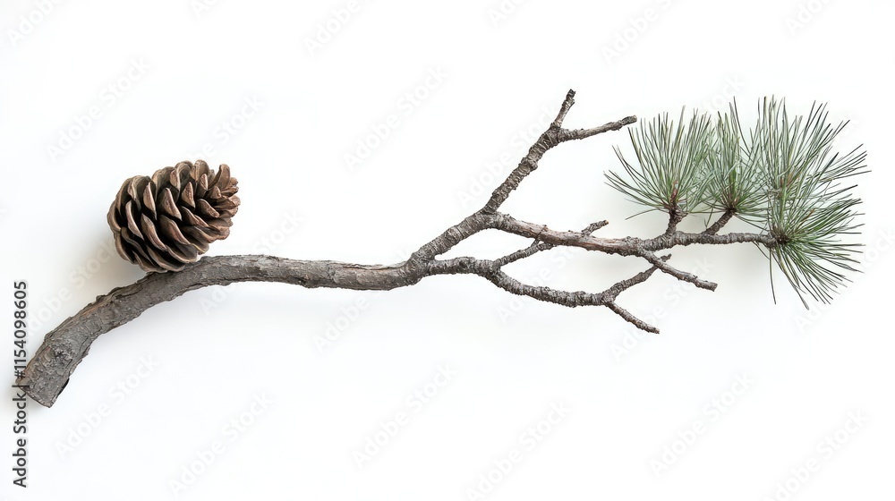 Poster pine cone attached to a twig with green pine needles isolated on a white background for nature and f