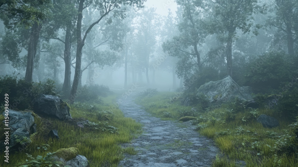 Aufkleber mysterious overgrown pathway through a lush green forest shrouded in fog and serenity