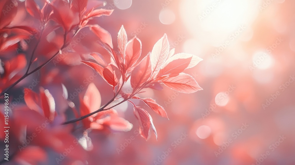 Aufkleber Soft blurred red leaves in sunlight creating a dreamy bokeh effect in a tranquil natural setting