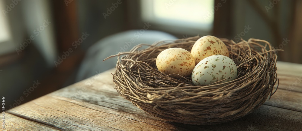Aufkleber easter eggs nestled in a rustic nest on a wooden table creating a warm springtime atmosphere