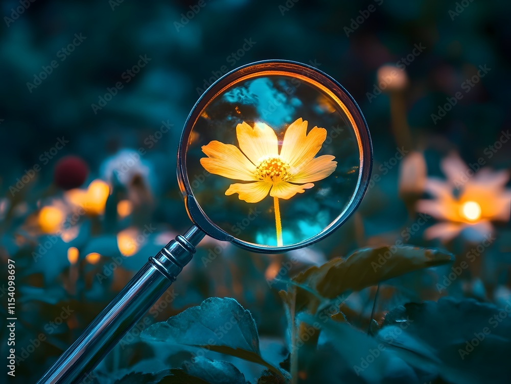 Poster close-up of a delicate flower through a magnifying glass surrounded by soft glowing lights in a drea