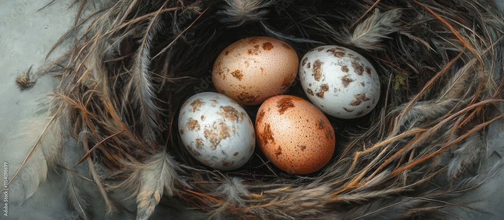 Poster beautiful nest with colorful speckled eggs and soft feathers on a neutral grey background highlighti