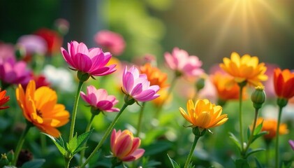 Colorful garden flowers blooming in the morning dew, outdoor gardening, botanical beauty