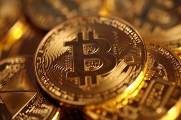 Bitcoins spread across full image, close up crypto currency heaped in a pile background