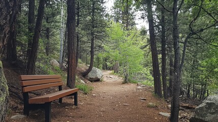 Serene forest trail featuring a wooden park bench surrounded by tall trees and natural greenery inviting peaceful moments of reflection