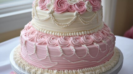 Fototapeta premium Elegant two-tiered wedding cake featuring delicate pink and white frosting with intricate rosettes and pearl accents for a romantic celebration.