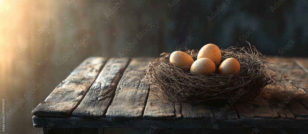 Poster nest with colorful easter eggs resting on a rustic wooden table illuminated by soft natural light fo